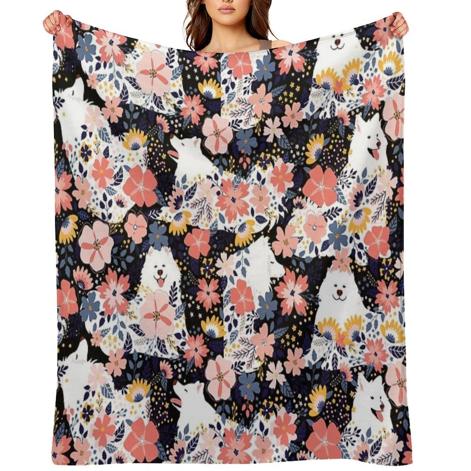 Cute Samoyed Garden - Black Background Shrink-resistant Throw Blanket