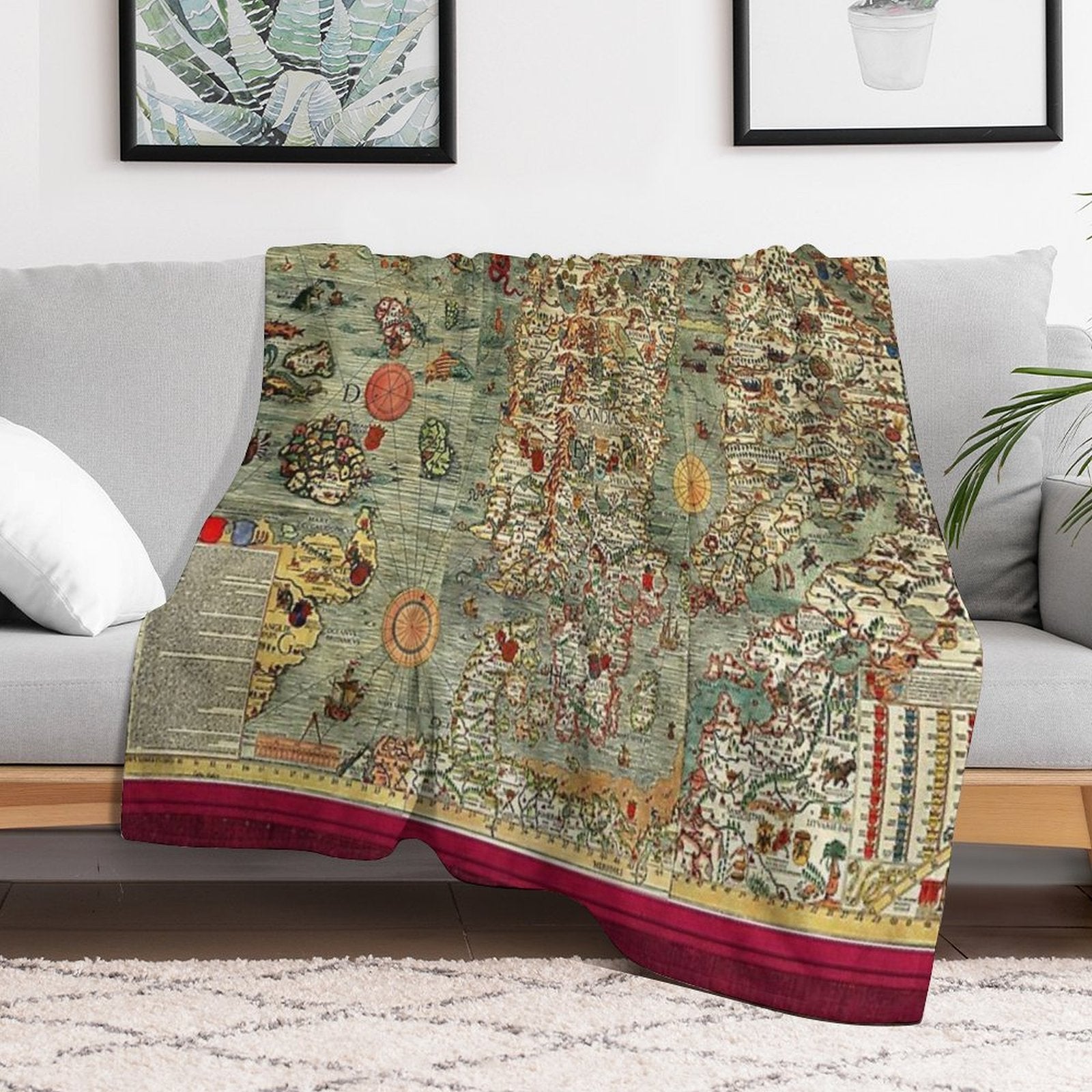 CARTA MARINA  1539 ANTIQUE MAP OF SEA CREATURES IN WATERS OF NORWAY AND ICELAND Sustainable Throw Blanket