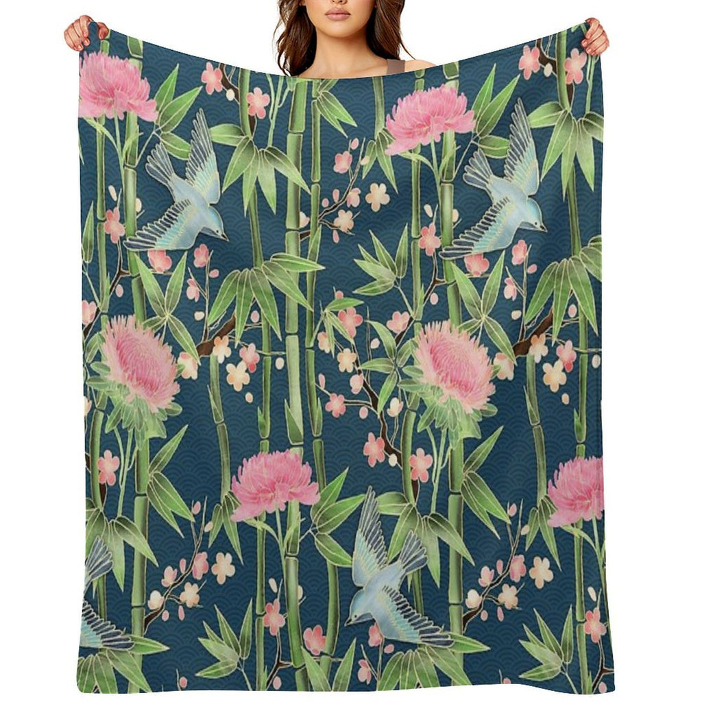 Bamboo, Birds And Blossom - Dark Teal Velvety-soft Throw Blanket