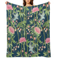 Bamboo, Birds And Blossom - Dark Teal Velvety-soft Throw Blanket