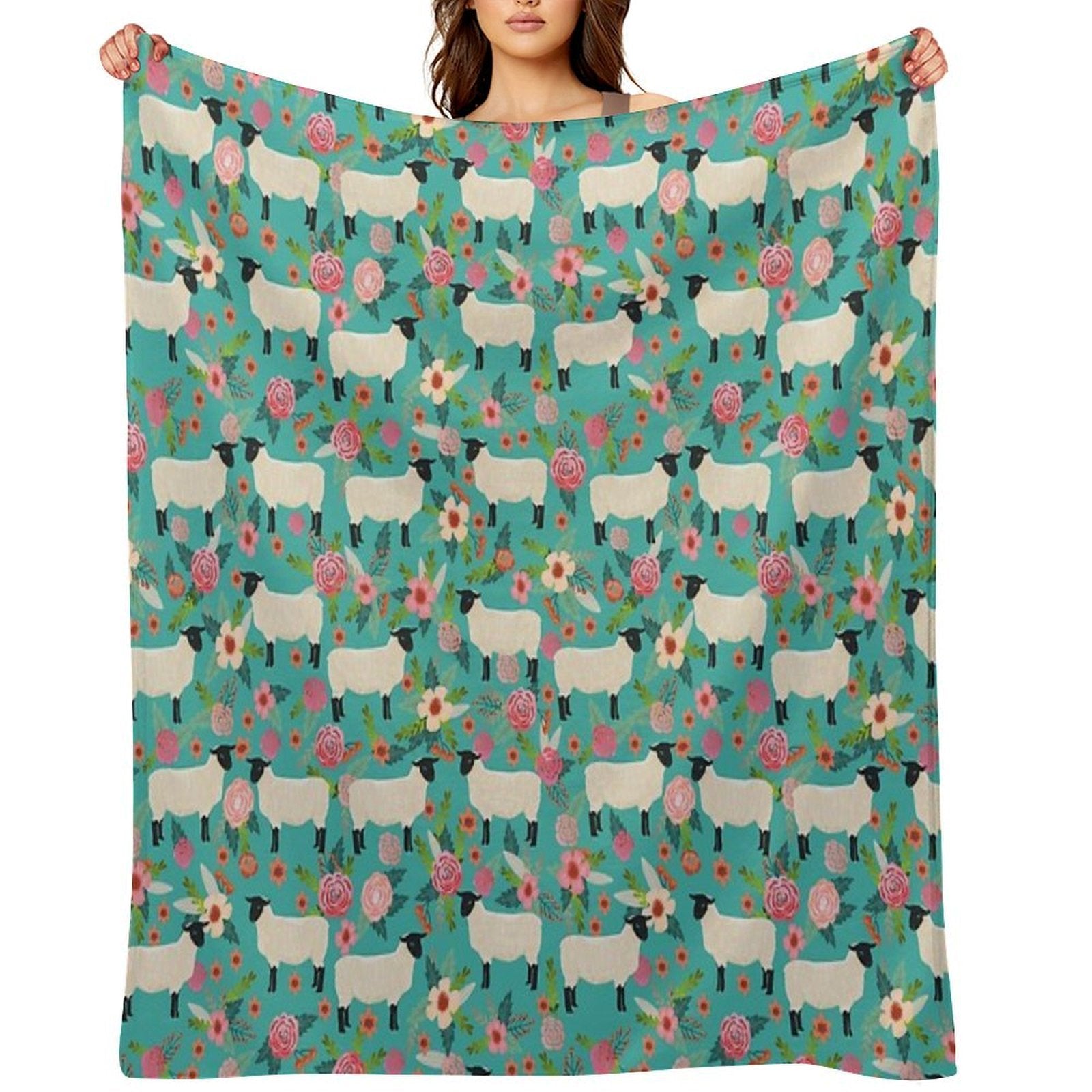 Sheep Farm Sanctuary Florals Pattern Cute Gifts for Animal Lovers Travel-friendly Throw Blanket