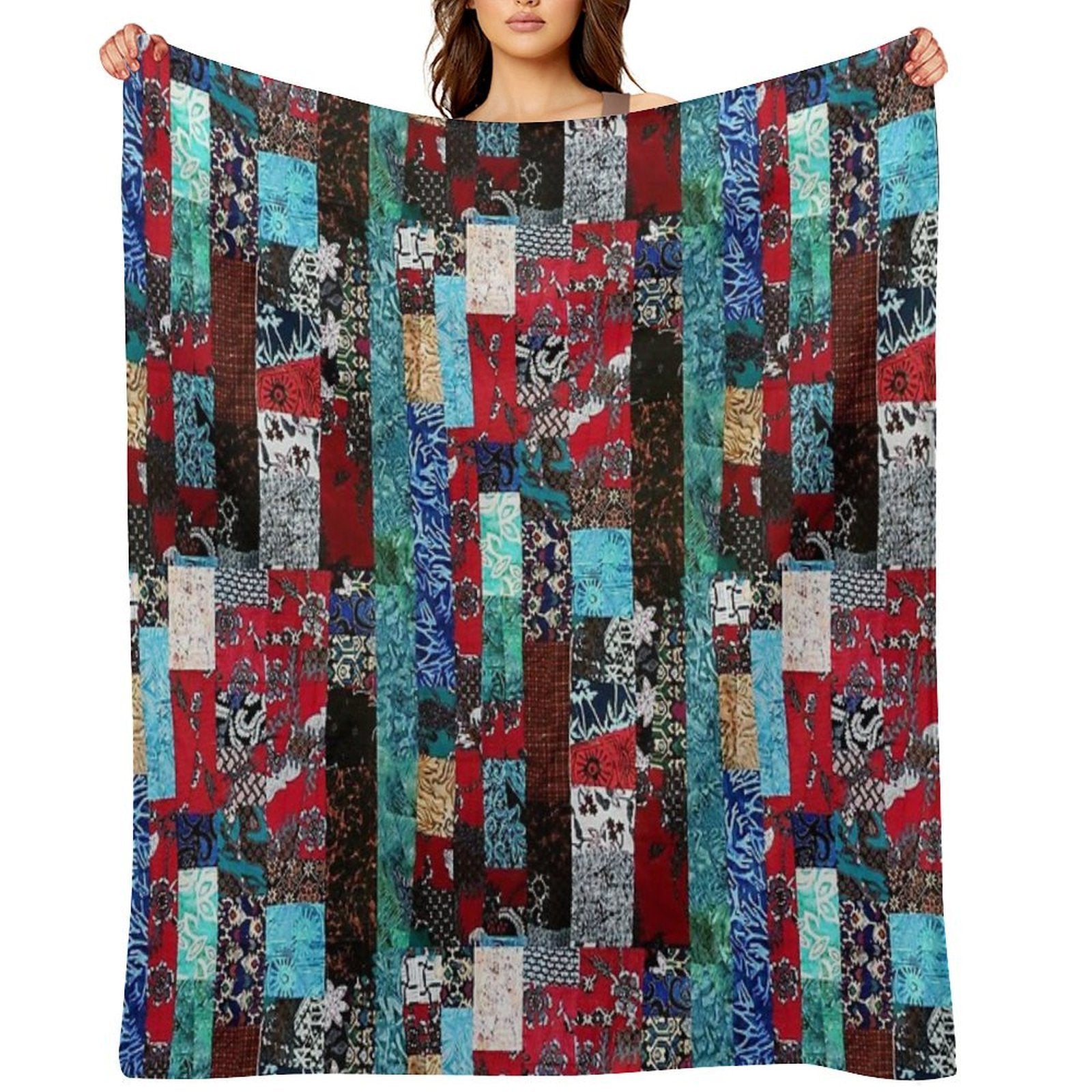 Indonesian Batik Patchwork Red Blue Tone Eco-conscious Throw Blanket