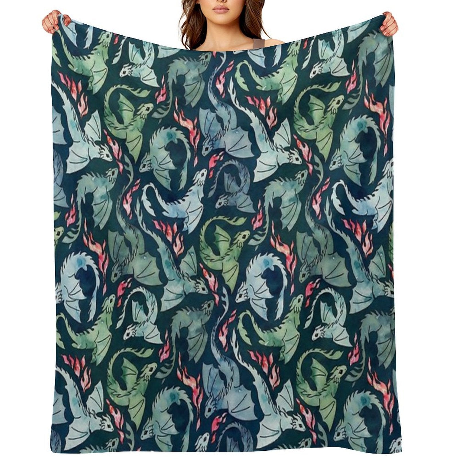 Dragon Fire Dark Blue & Green Travel-friendly Throw Blanket