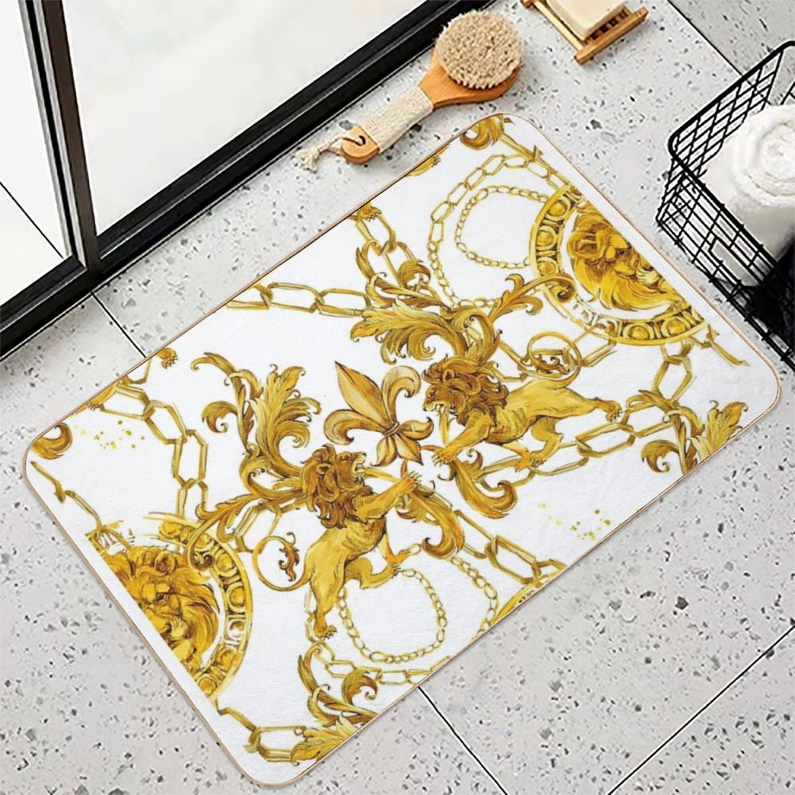 Golden Lion Baroque Seamless Pattern. Watercolor Vintage Gold Lace Ornament. Luxury Textile Print  Long-Lasting Bath Mat