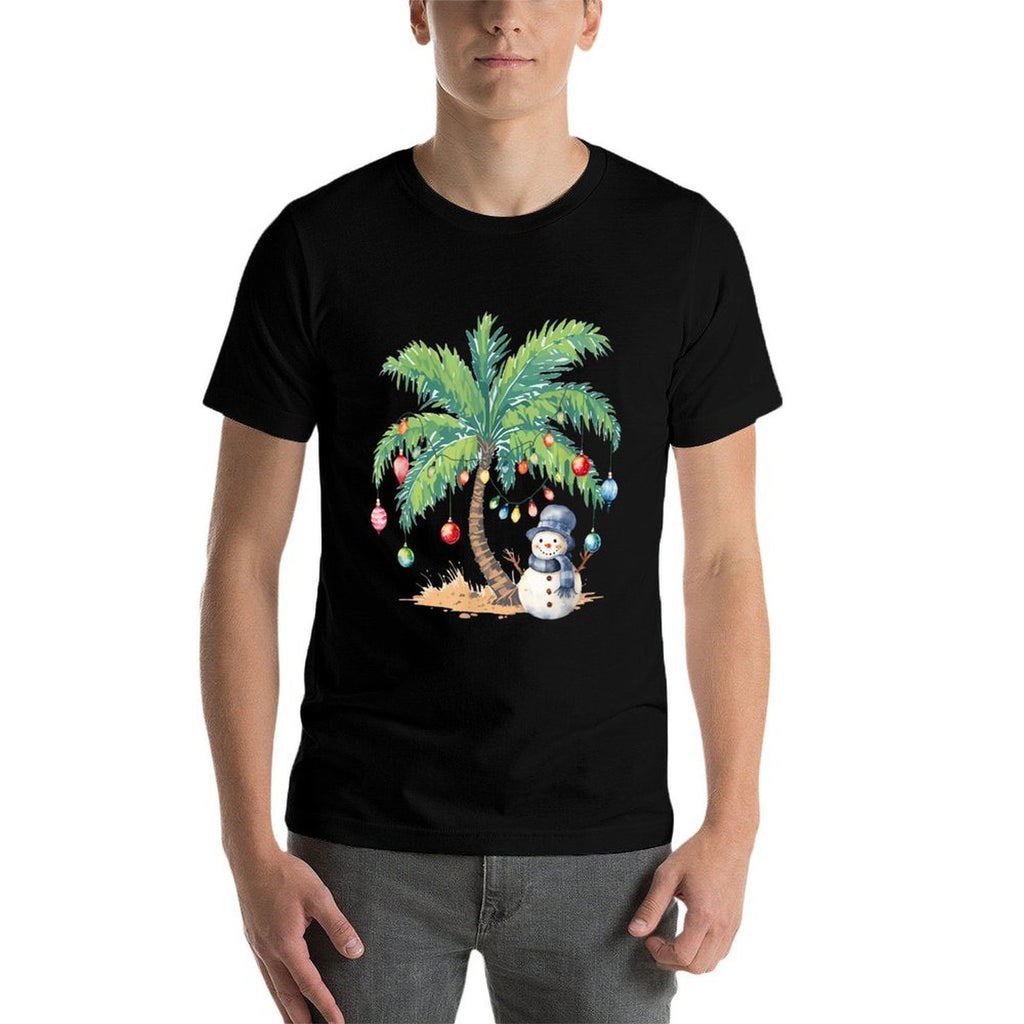 Vintage Palm Tree Snowman Tropical Christmas Deck The Palms  Polyester Blend T-Shirt