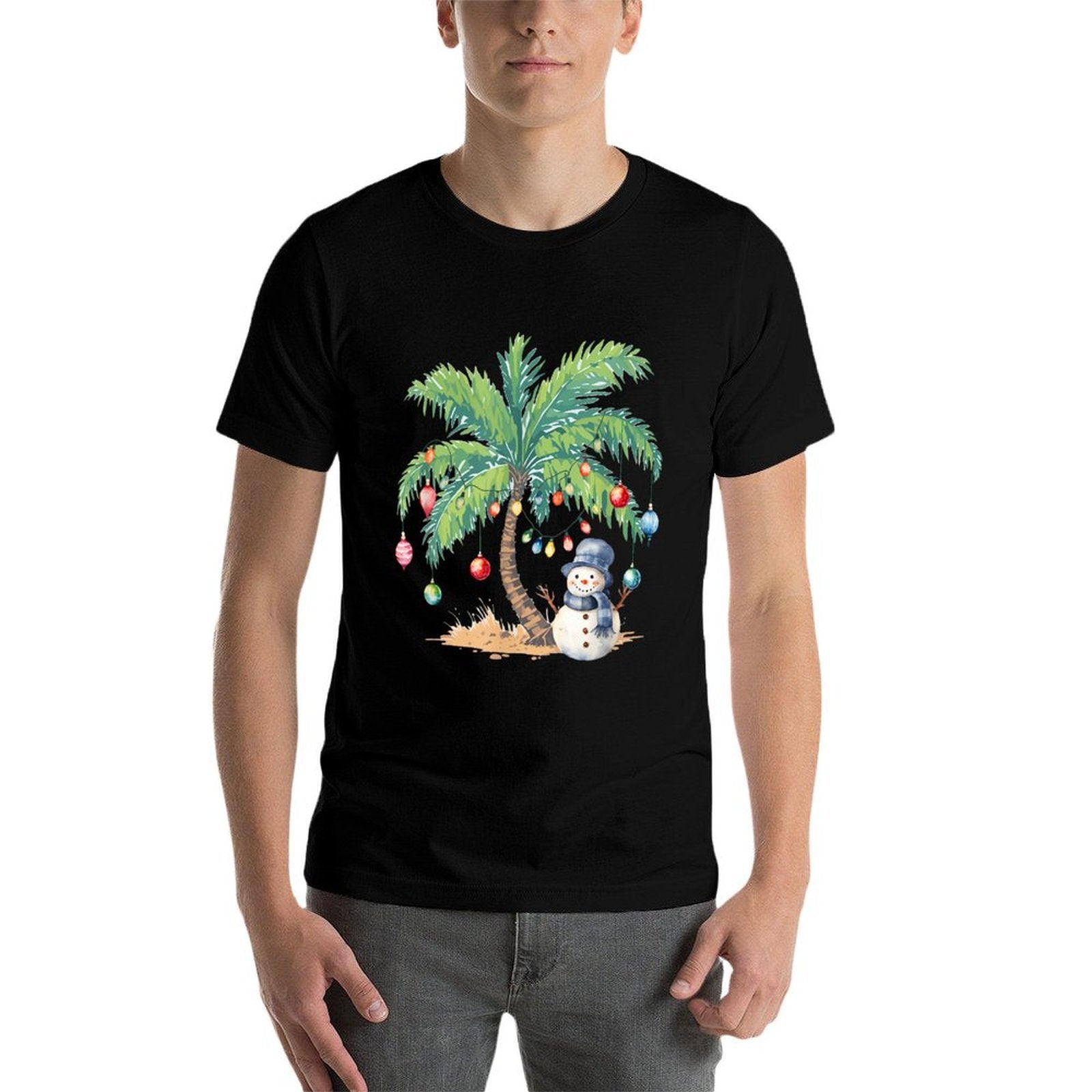 Vintage Palm Tree Snowman Tropical Christmas Deck The Palms  Polyester Blend T-Shirt