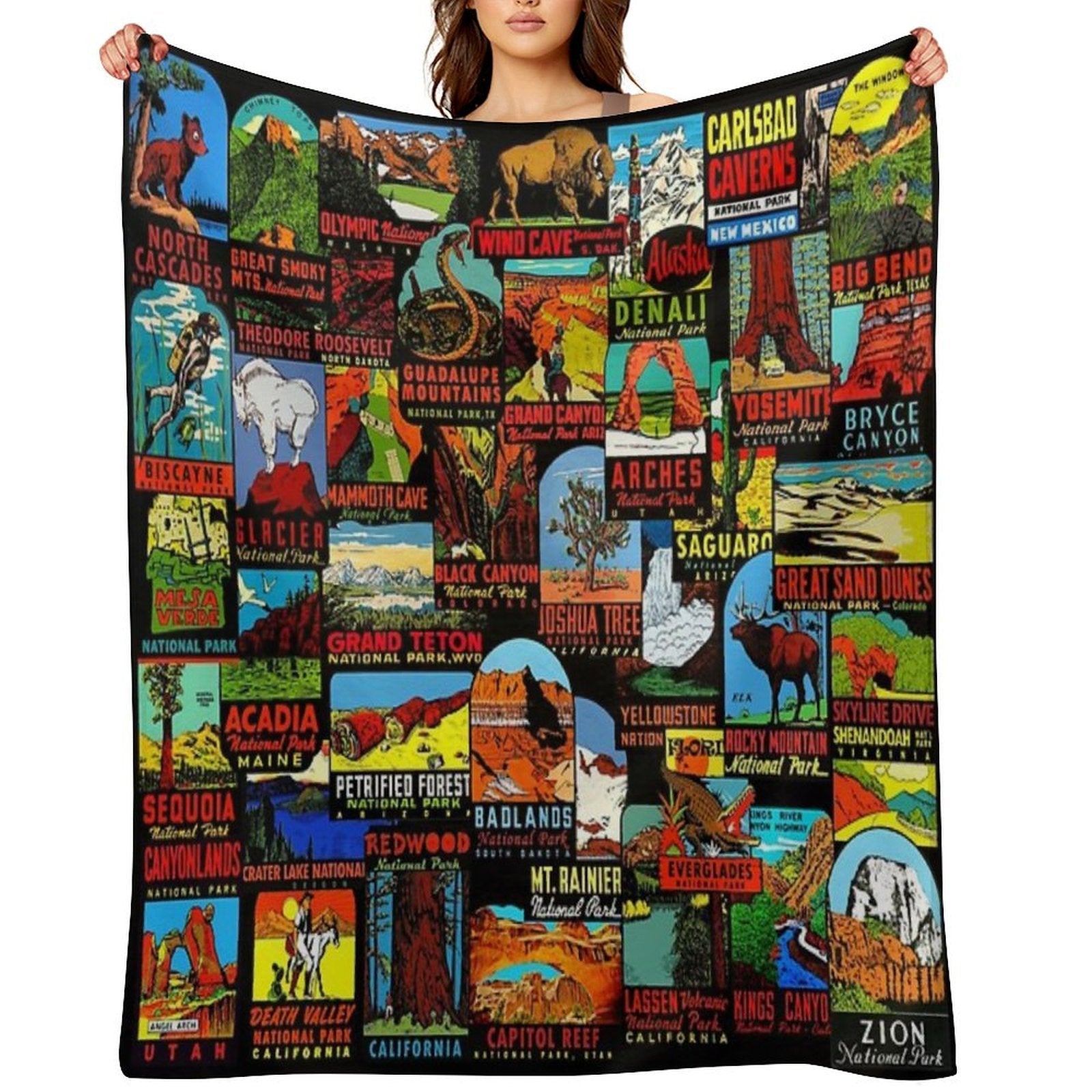 American National Parks Vintage Travel Decal Bomb Shrink-resistant Throw Blanket