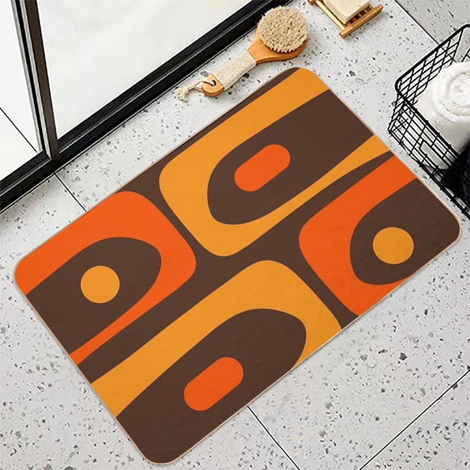 Mid-Century Modern Piquet Retro Minimalist Abstract in 70s Brown And Orange  Anti-Trip Bath Mat