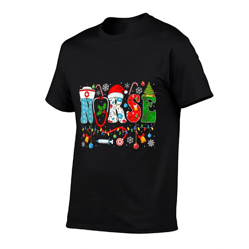Christmas Nurse Santa Xmas Nursing Pajamas Unisex-Adults Unisex-Kids Black Small Winter Christmas Nurse Santa RN  High-quality Stitching T-Shirt
