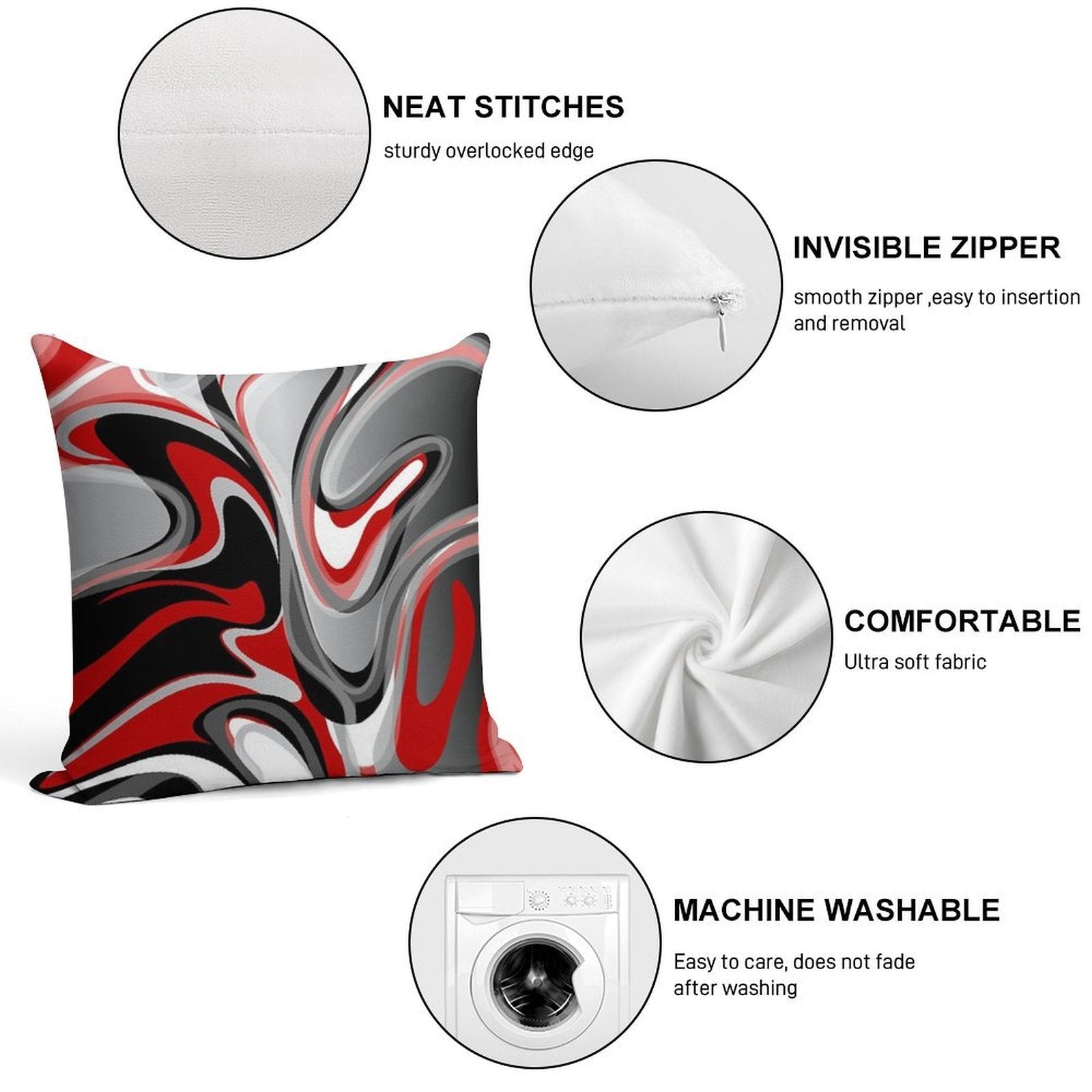Liquify - Red, Gray, Black, White Soft Short Plush Fabric Throw Pillow