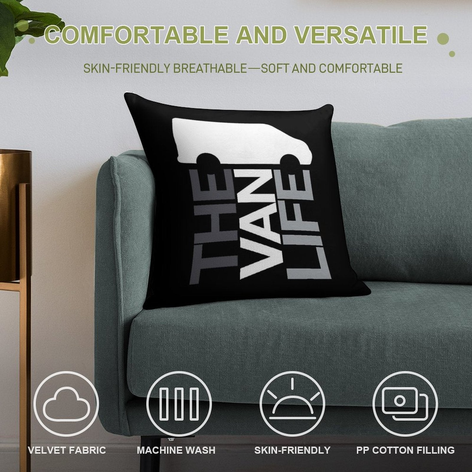 The Van Life Logo  Greyscale Soft Shrink-Resistant Throw Pillow
