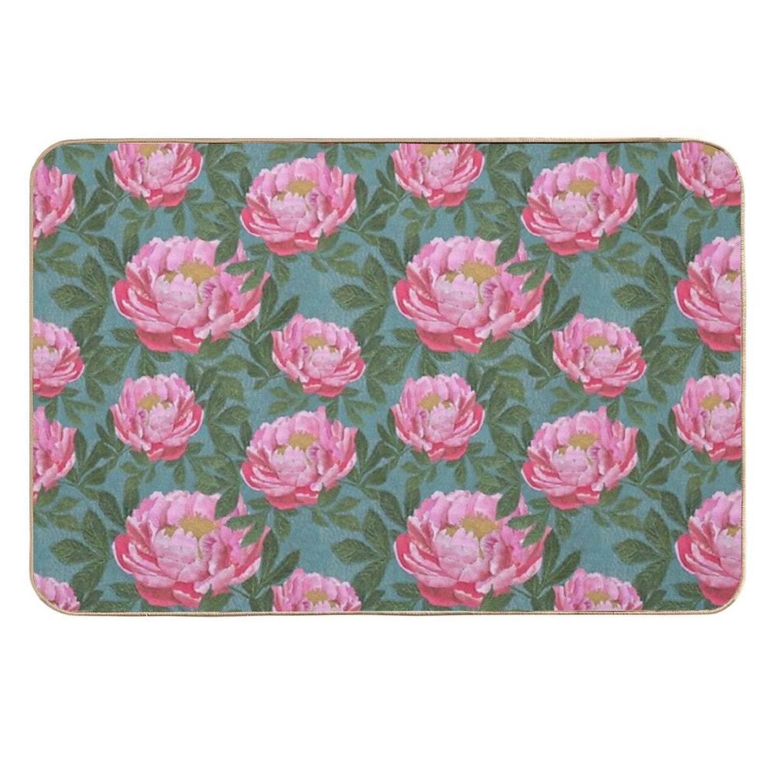 Peony on Teal  Non-Slip Bath Mat