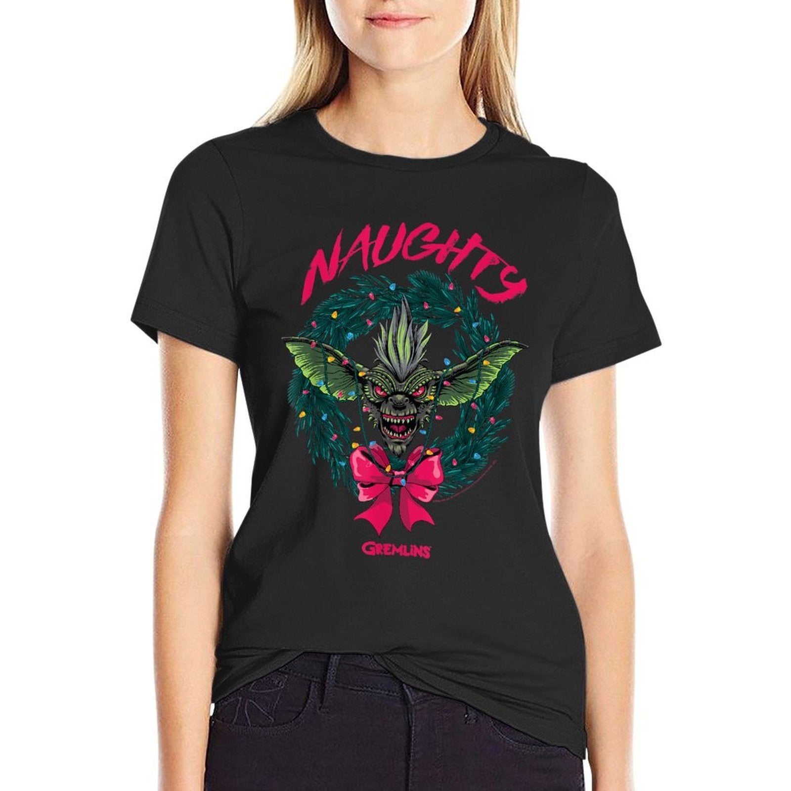 Gremlins Naughty Gremlin Wreath Retro Holiday Movie  Easy-care T-Shirt