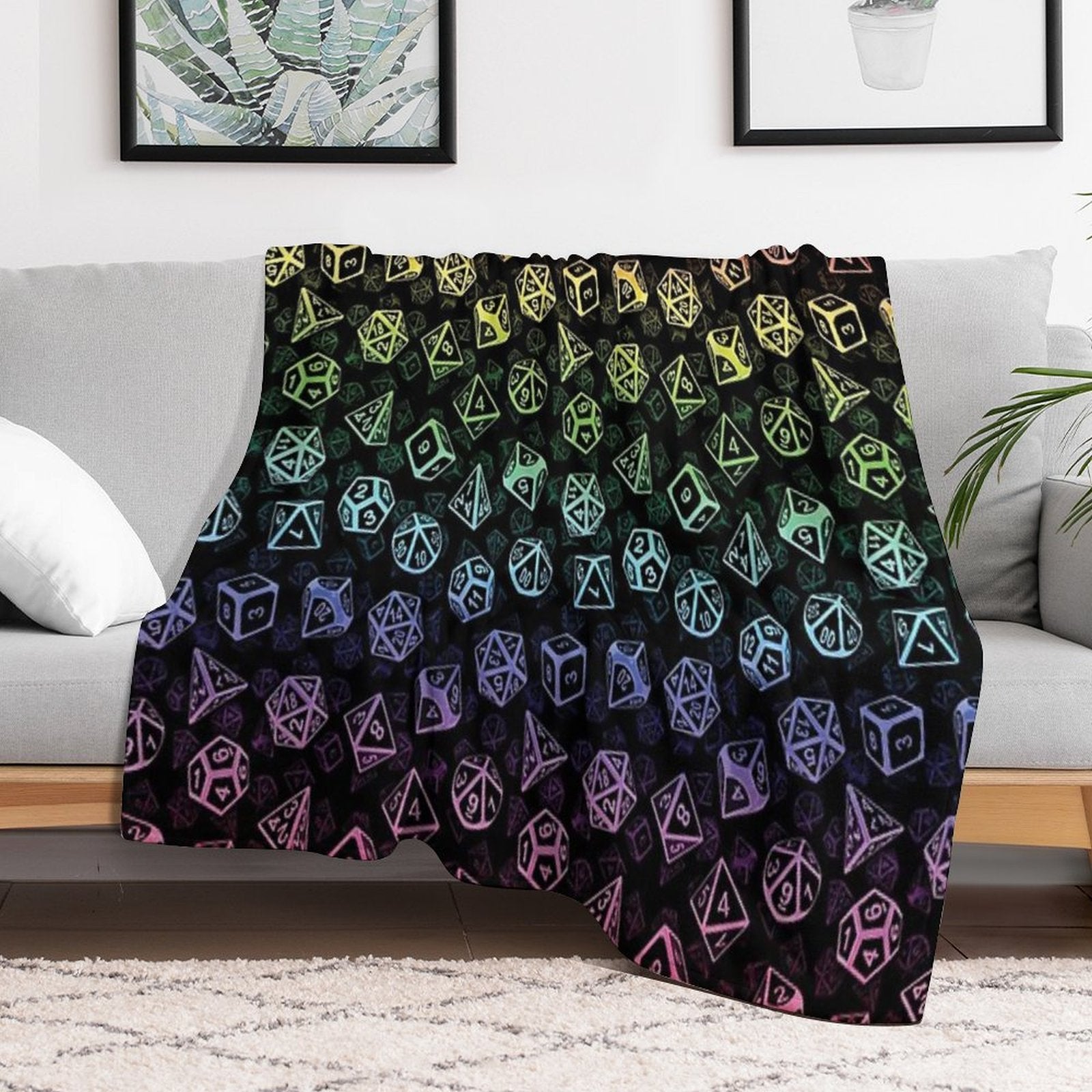 D20 Dice Set Pattern (Rainbow) Velvety-soft Throw Blanket