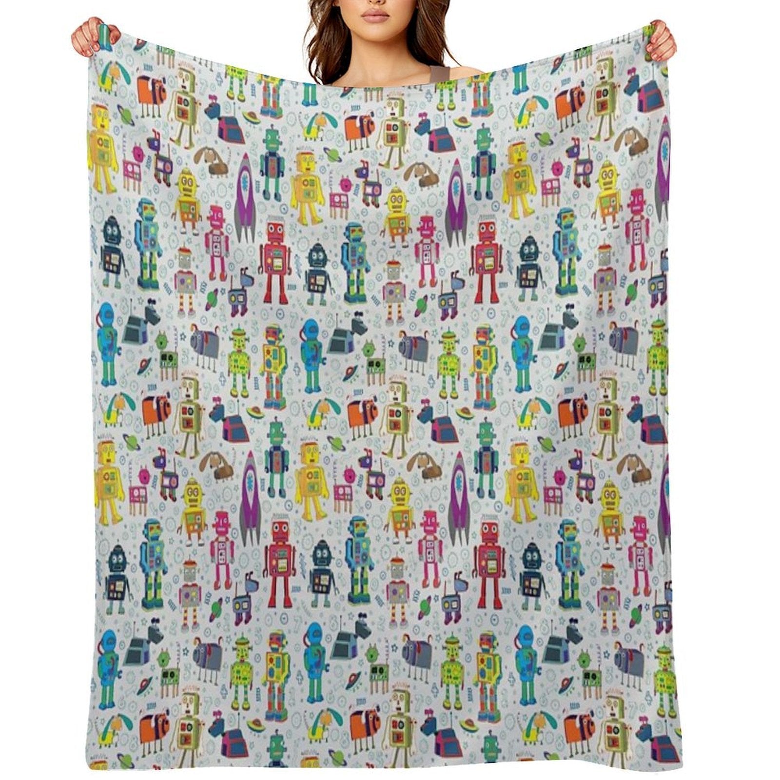 Robots in Space - Grey - Fun Robot Pattern by Cecca Designs Comfort Throw Blanket