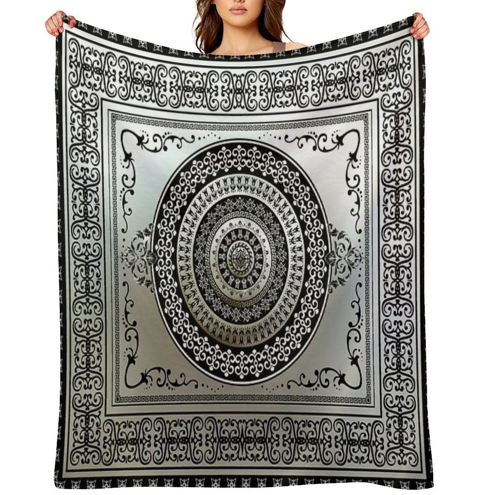 Ornate Greek Key Medallion Silver And Black Eco-conscious Throw Blanket