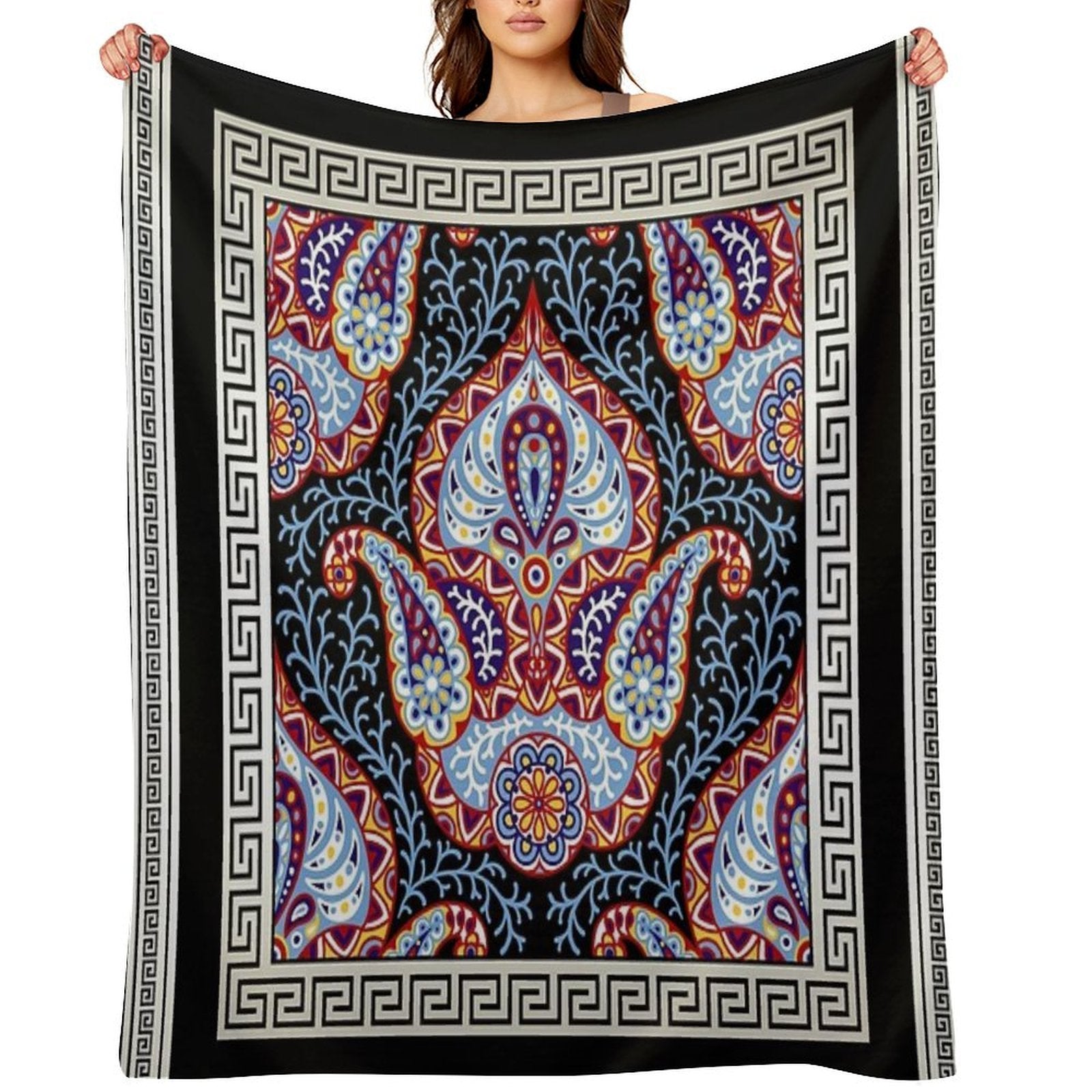 Greek Key Cream White Black Intricate Floral Gift-ready Throw Blanket