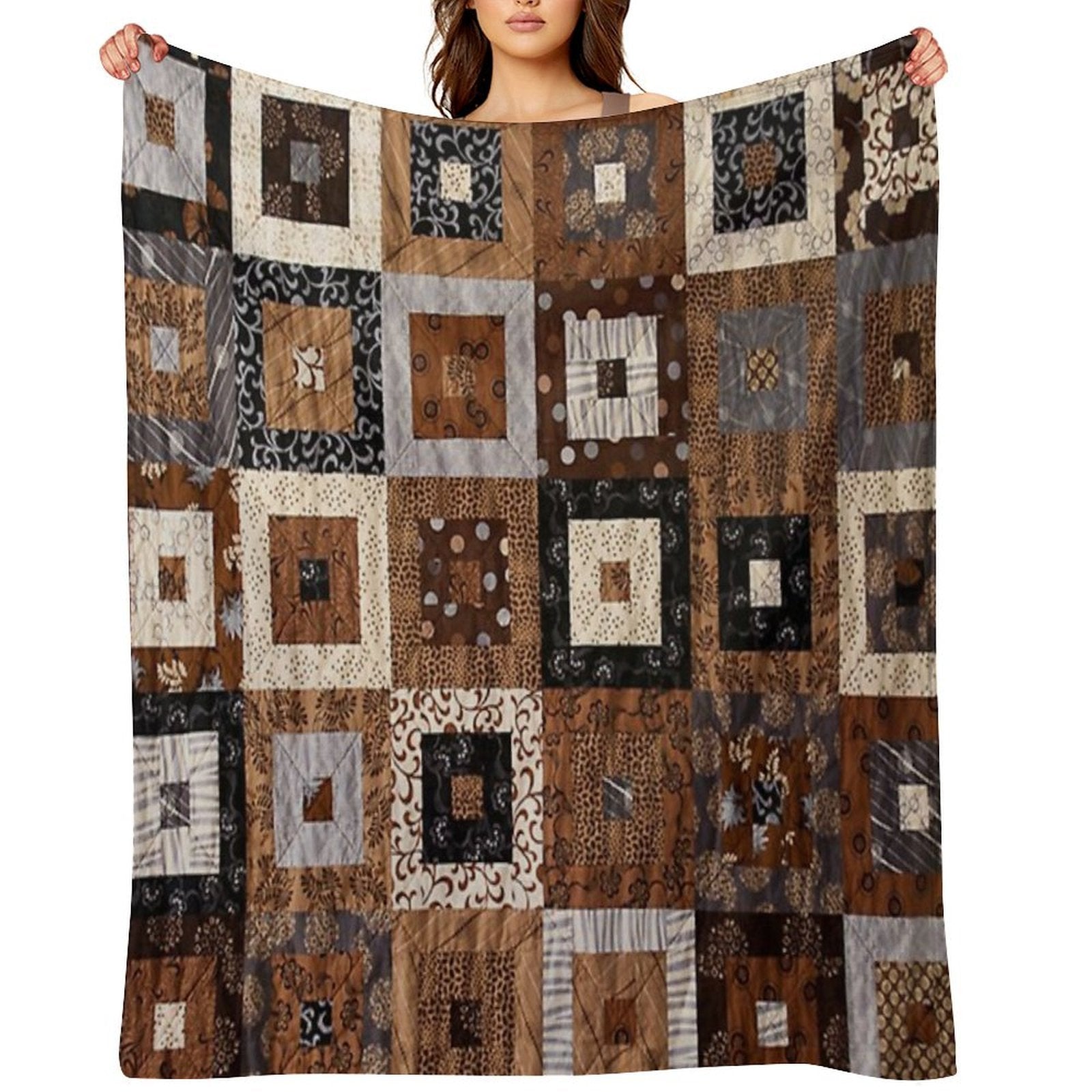Classic Retro Brown Quilted Patchwork Quilting Pattern Mosaic Motif Compact Throw Blanket