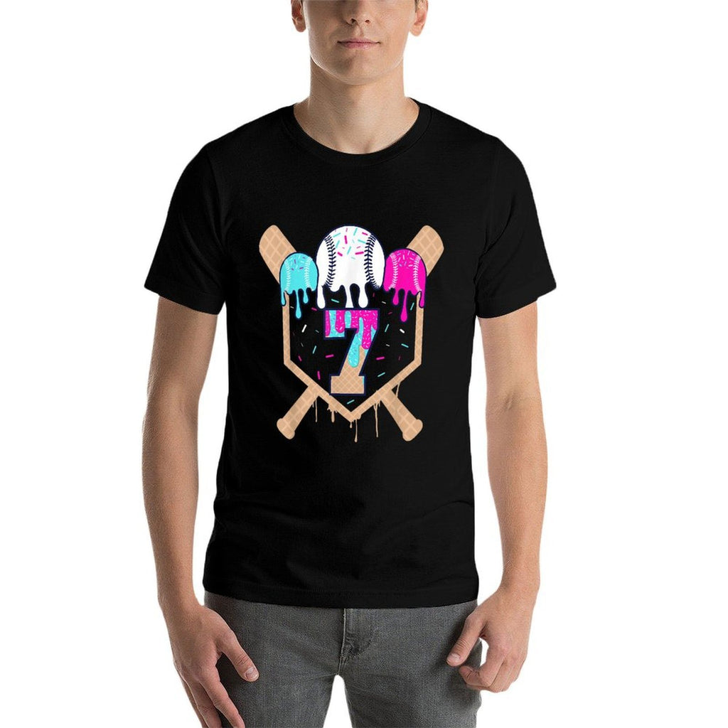 Baseball 7 Year Old Ice Cream Drip 7th Birthday Boy Number 7  Vintage-inspired T-Shirt