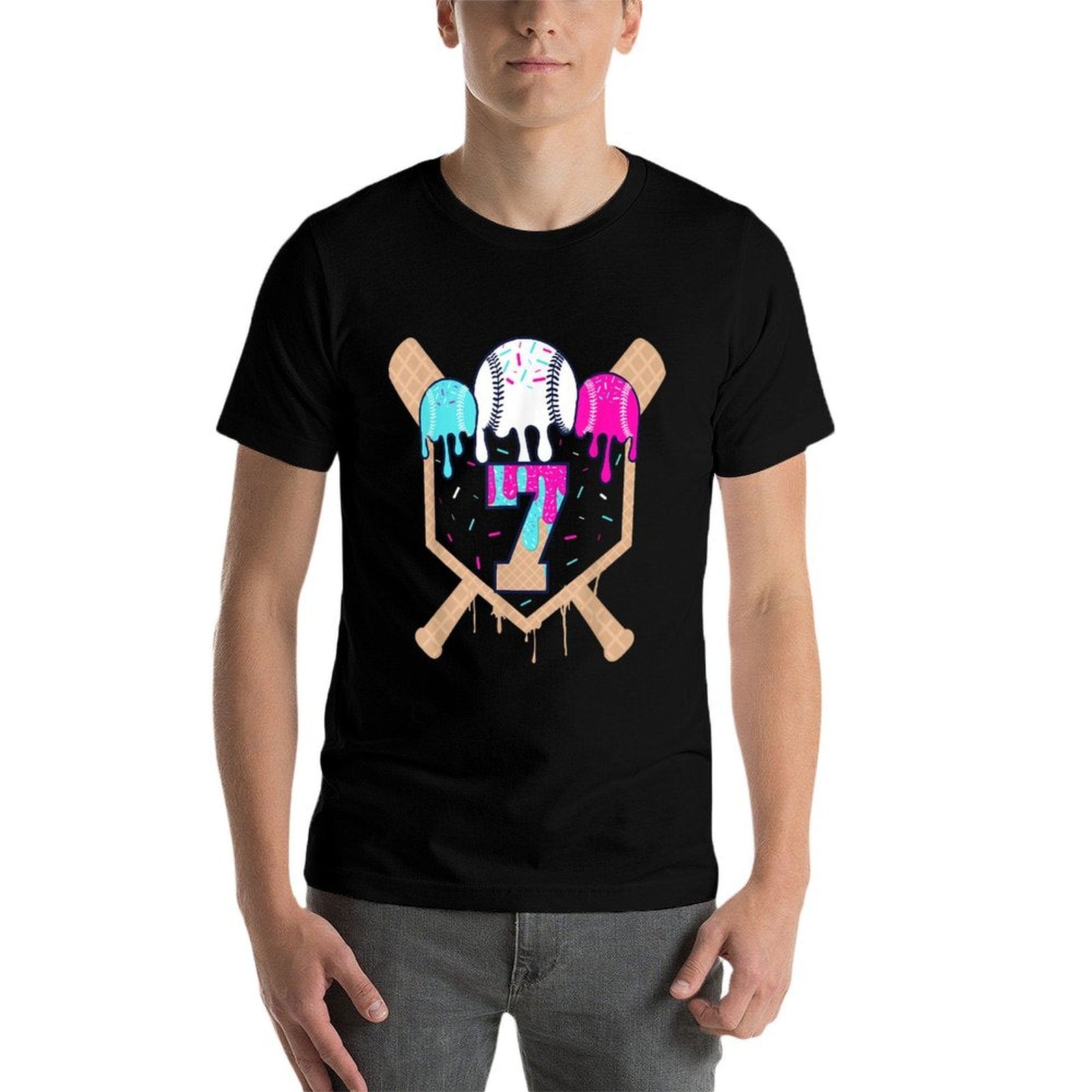 Baseball 7 Year Old Ice Cream Drip 7th Birthday Boy Number 7  Vintage-inspired T-Shirt
