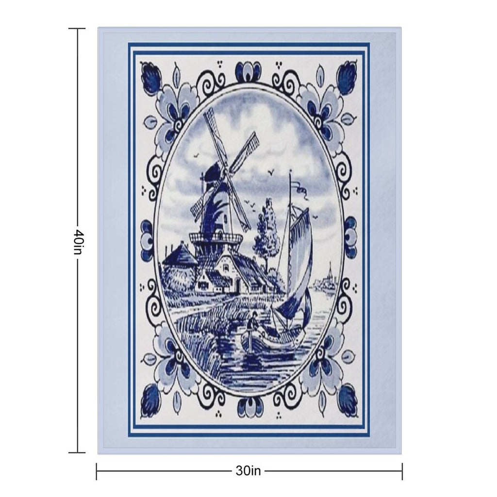 DUTCH BLUE DELFT Vintage Windmill Print Compact Throw Blanket