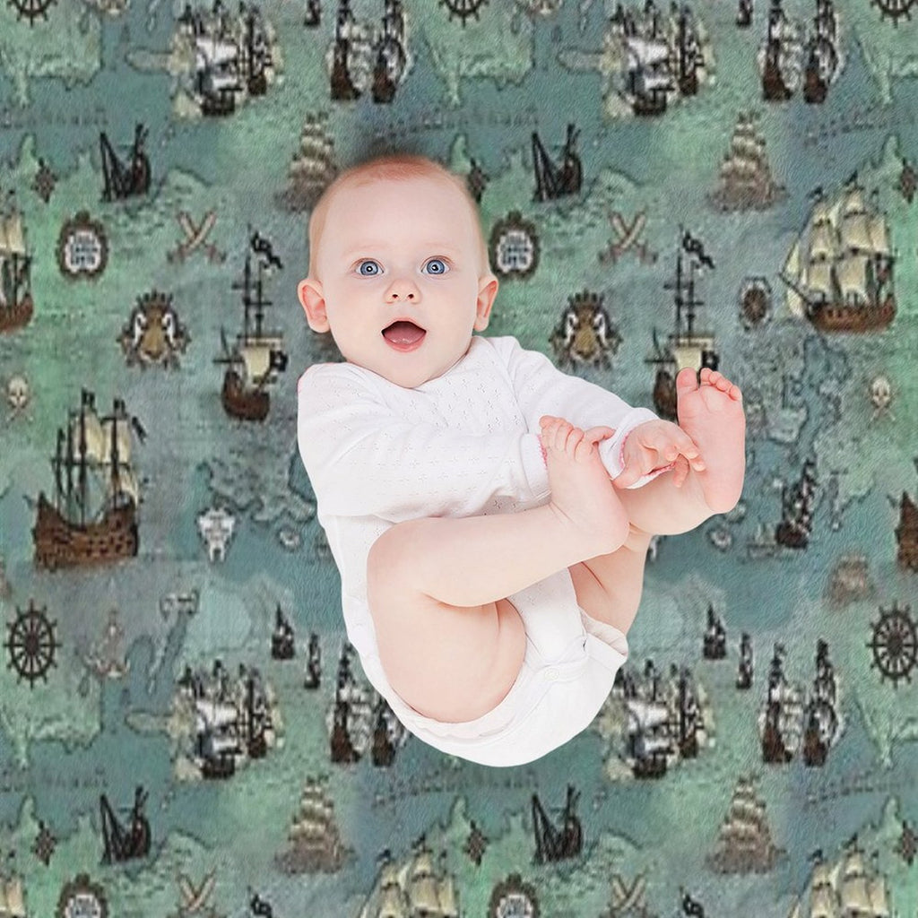 Pirate Map Nautical Sea Print Ocean Blue & Sea Glass Green Sustainable Throw Blanket