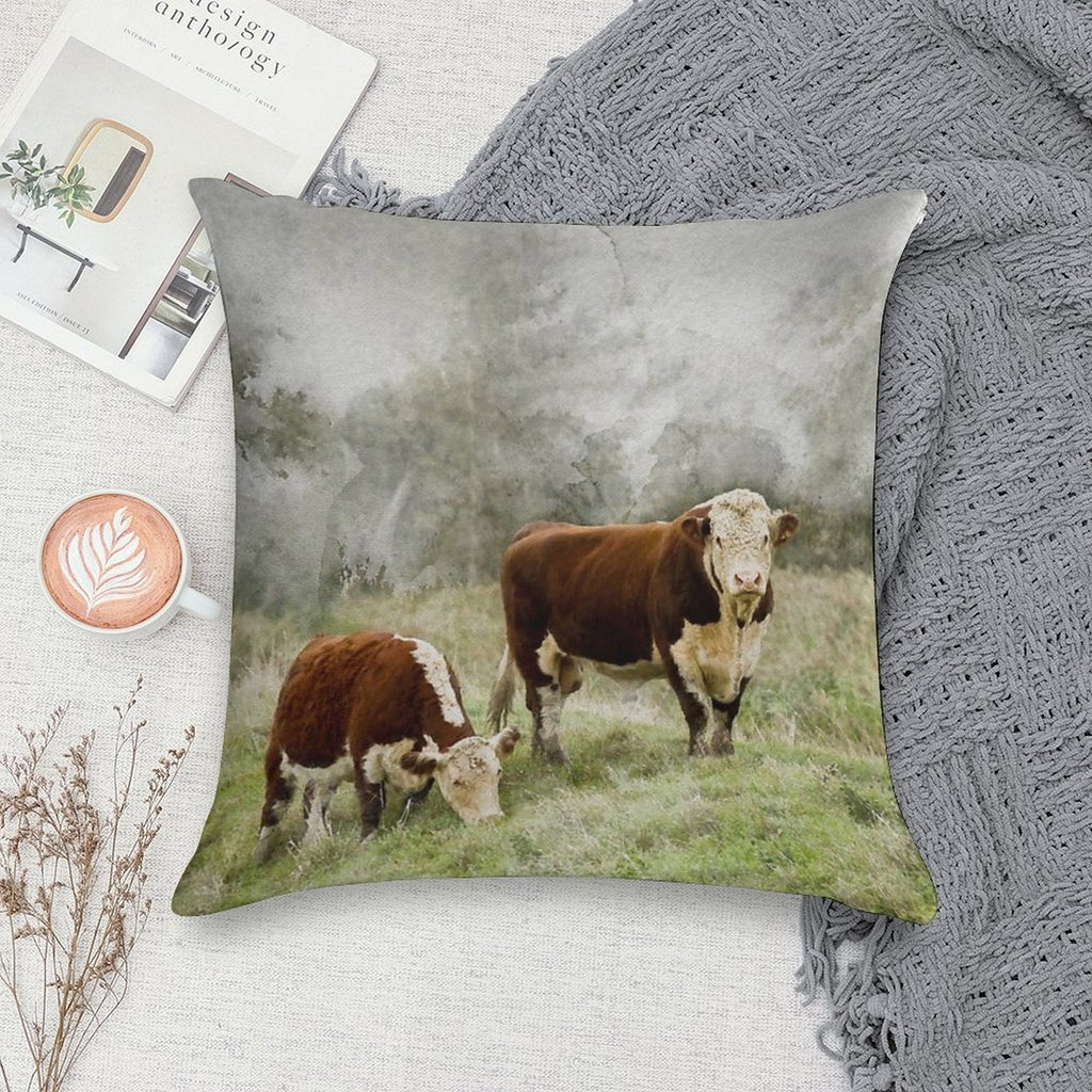 Hereford Bull And Cow Watercolour Photograph Soft Fade-Resistant Throw Pillow