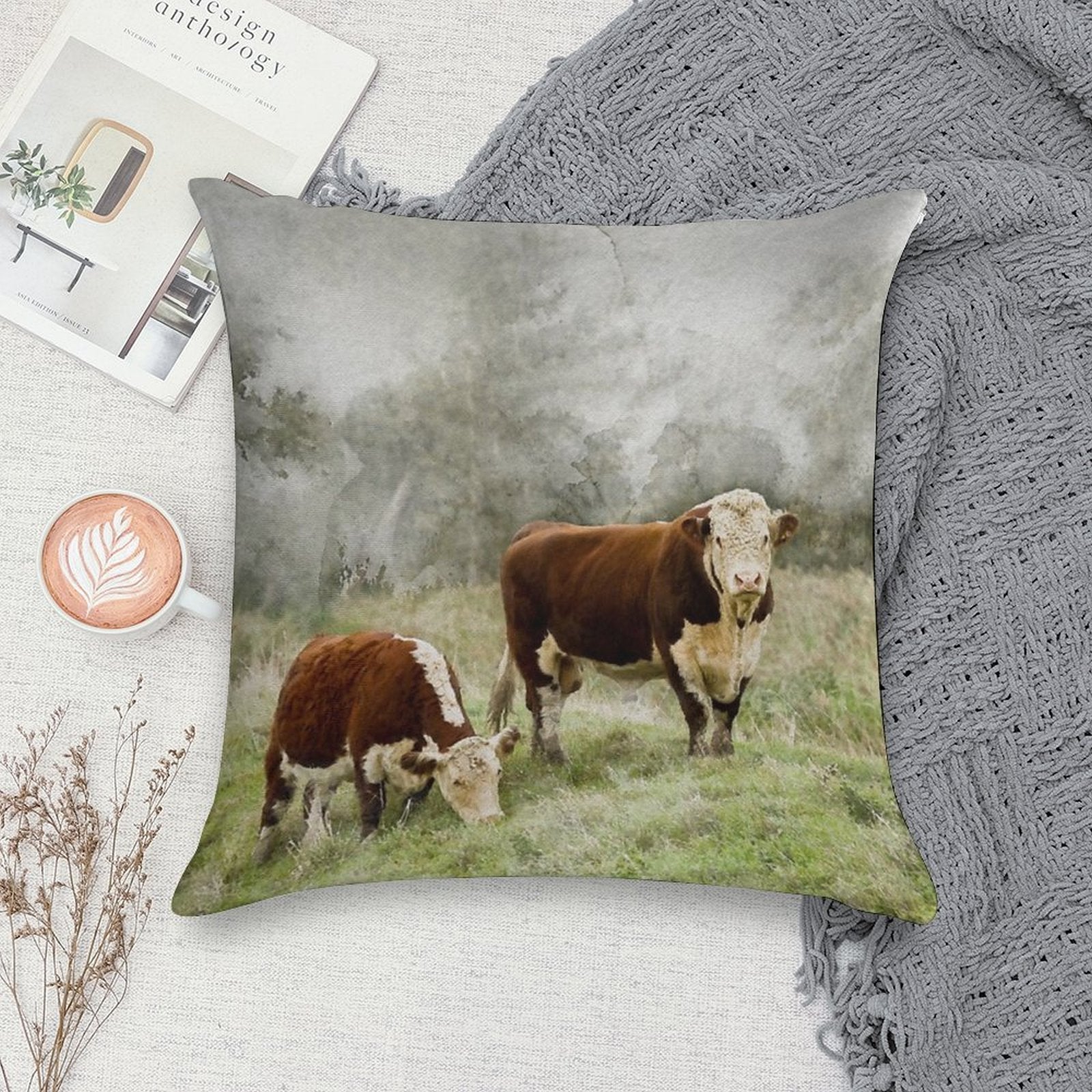 Hereford Bull And Cow Watercolour Photograph Soft Fade-Resistant Throw Pillow