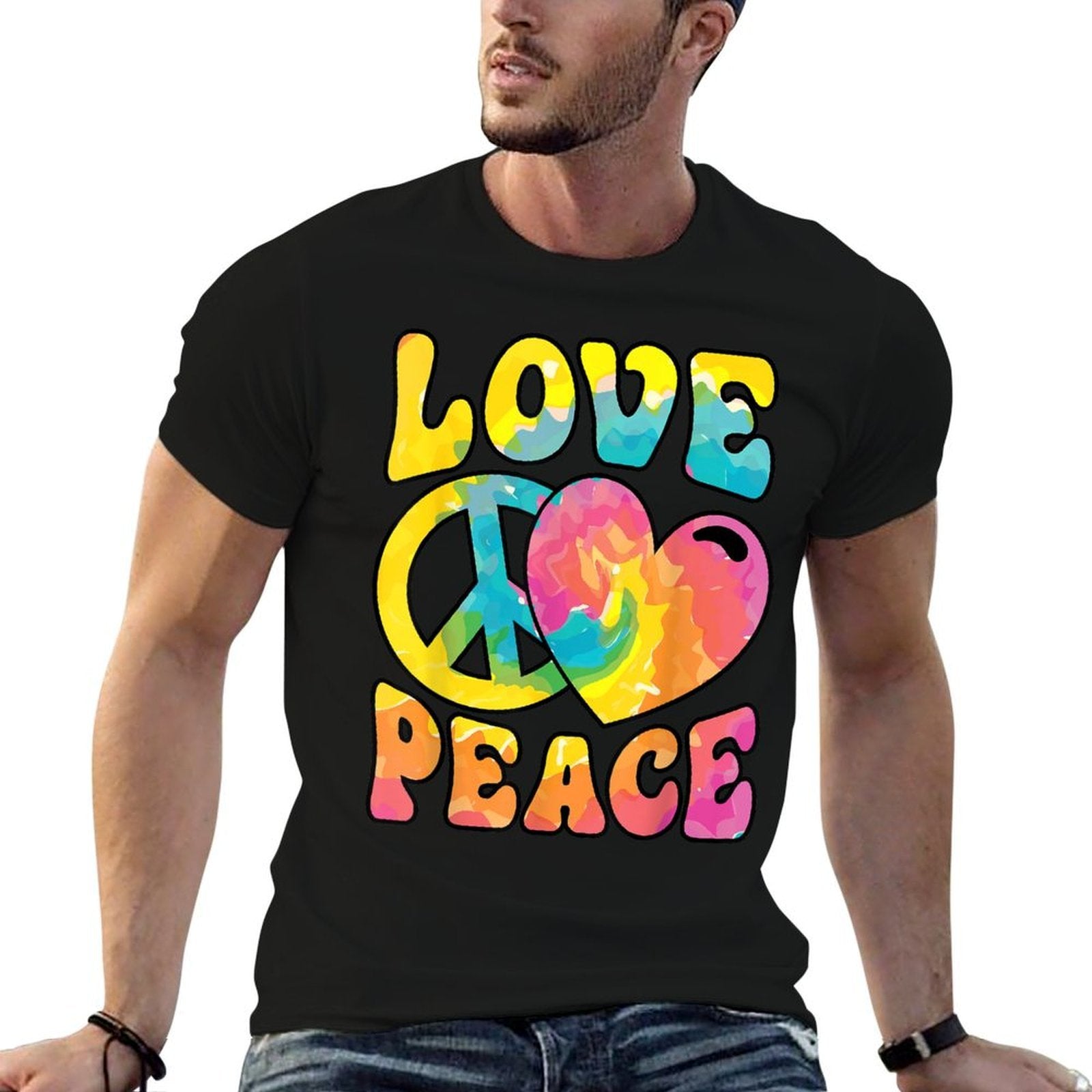 Hippie Women Men Love Peace Sign Heart Tie Dye Retro Groovy  Trendy Pattern T-Shirt