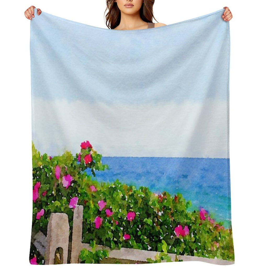 Beach Rose Along Ocean Watercolor Multi-functional Throw Blanket