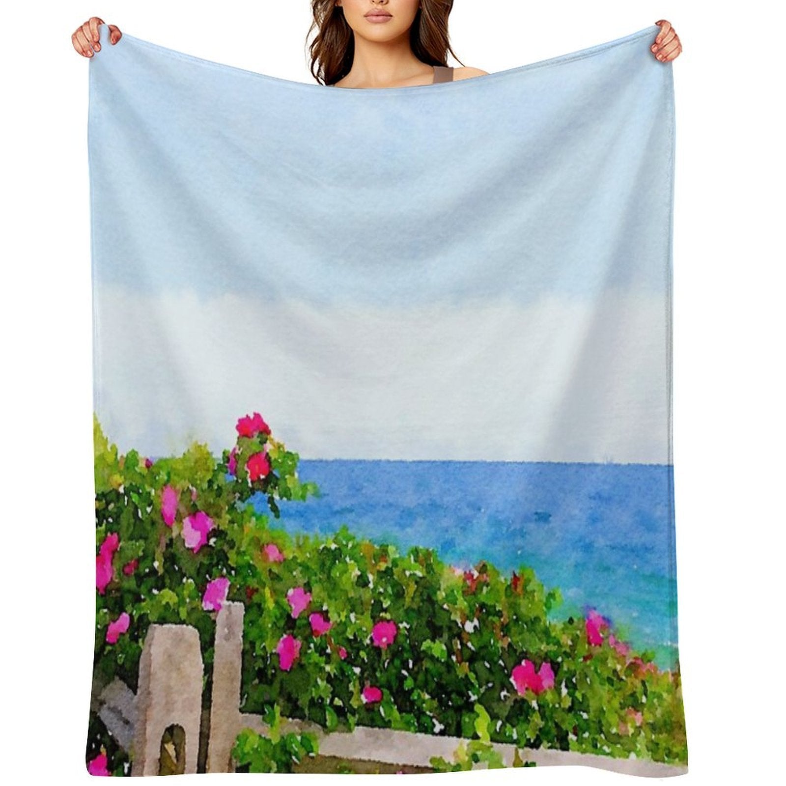 Beach Rose Along Ocean Watercolor Multi-functional Throw Blanket