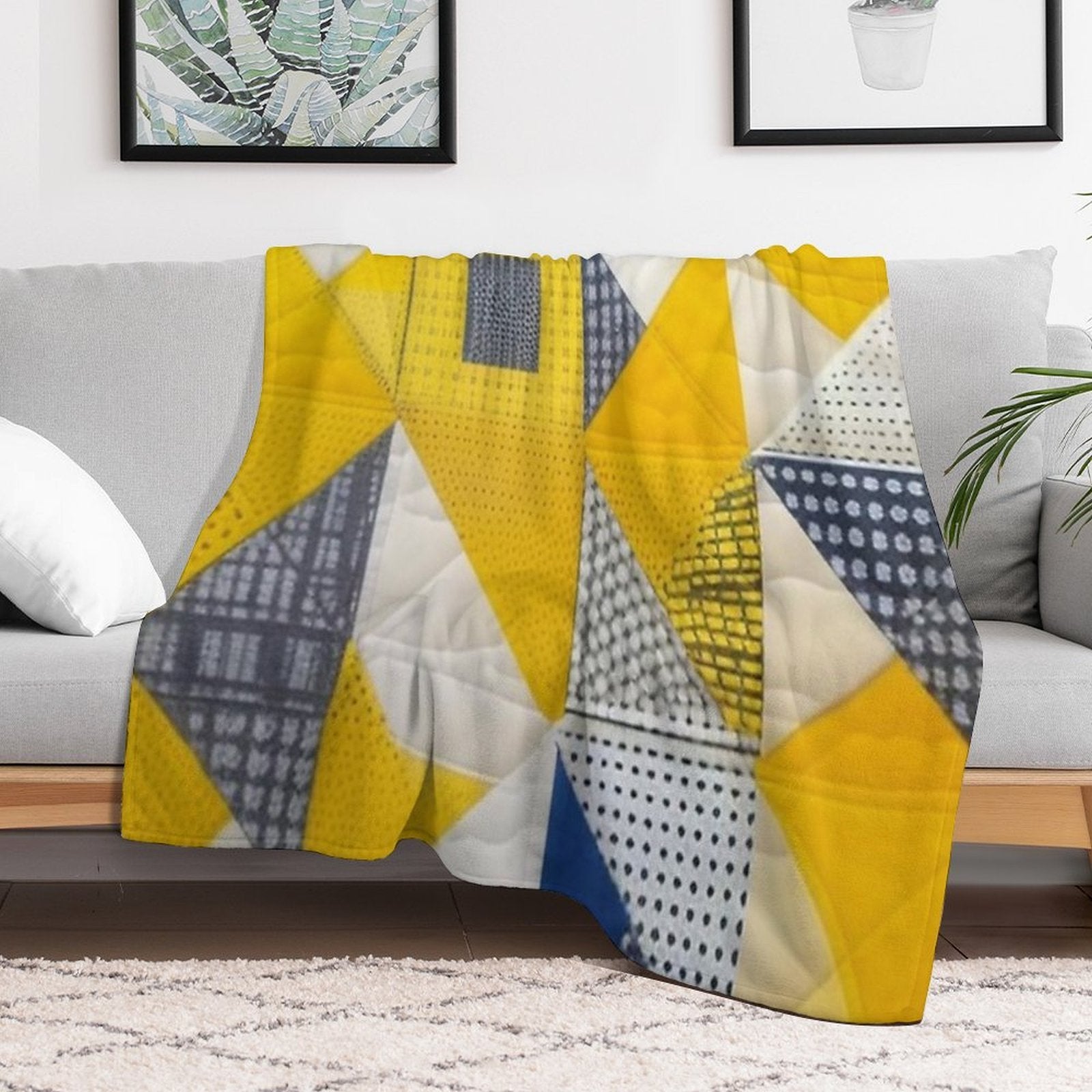 Bright Yellow Patchwork Quilt Plush Throw Blanket