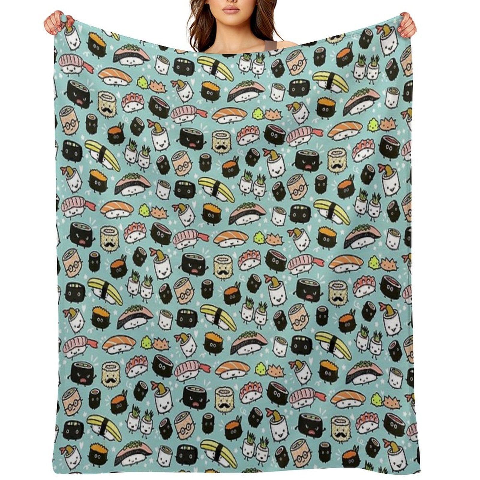Cute Sushi Pattern  Kawaii Sushi Characters Eco-conscious Throw Blanket