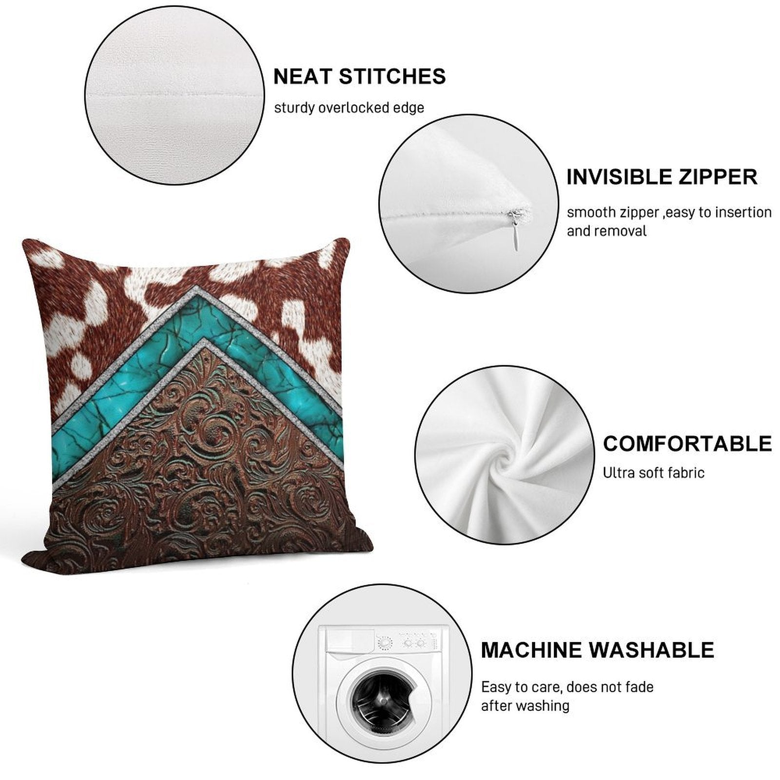 Western Cowgirl Pattern Cowhide Turquoise And Tooled Leather Soft Skin-Friendly Throw Pillow
