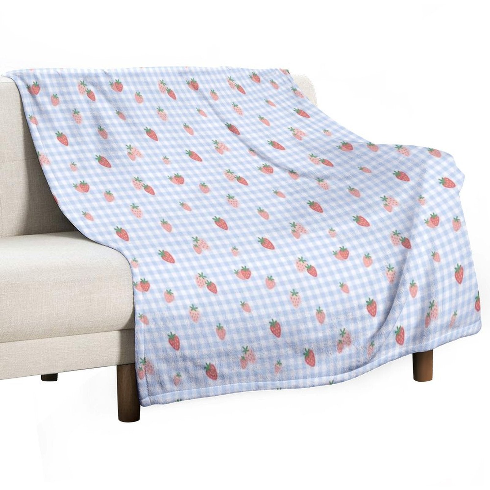 Strawberry Gingham Blue Cottagecore Pattern Plush Throw Blanket