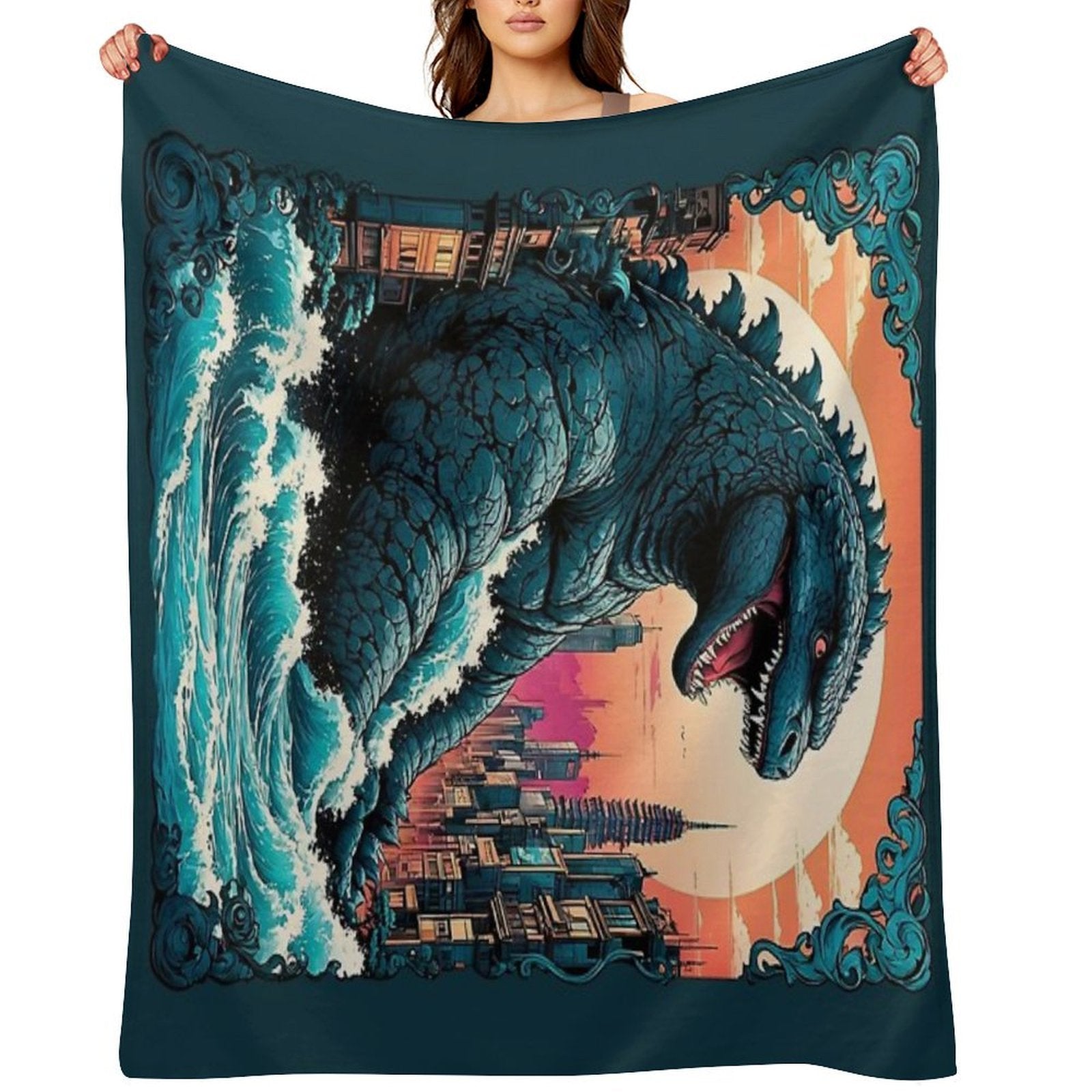 Godzilla Gojira Tokyo City Retro Vintage Ornamental Design Durable Throw Blanket