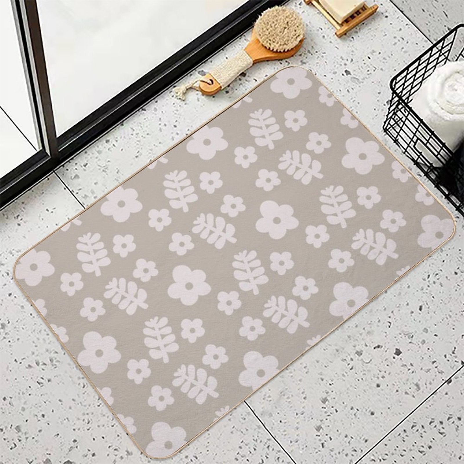 Mid Century Modern Flowers & Leaves, Cute Retro Pattern, Light Taupe  Multi-Purpose Bath Mat