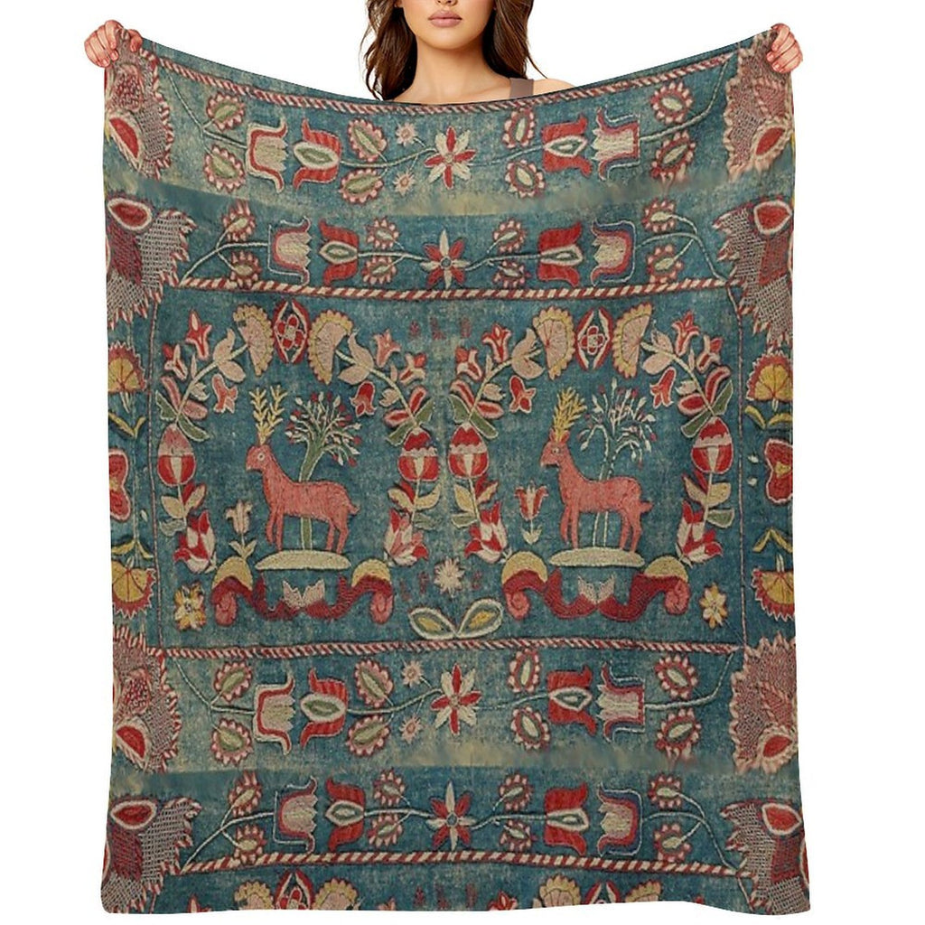 ANTIQUE  RED BLUE SWEDISH TAPESTRY WITH DEERS AND FLOWERS All-season Throw Blanket