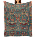 ANTIQUE  RED BLUE SWEDISH TAPESTRY WITH DEERS AND FLOWERS All-season Throw Blanket