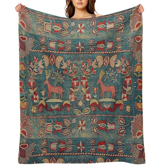 ANTIQUE  RED BLUE SWEDISH TAPESTRY WITH DEERS AND FLOWERS All-season Throw Blanket