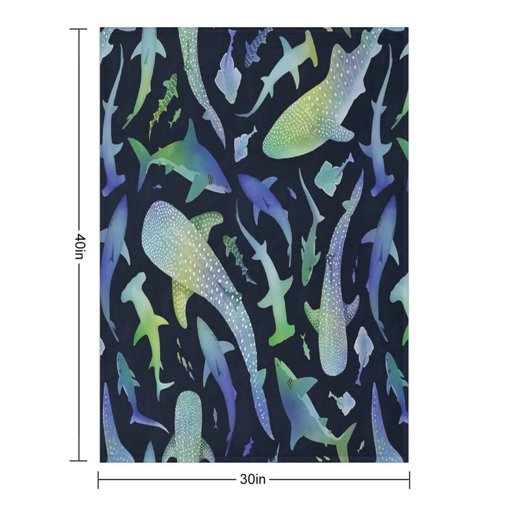 Blue And Green Watercolor Shark Ocean on Dark Navy Blue Travel-friendly Throw Blanket