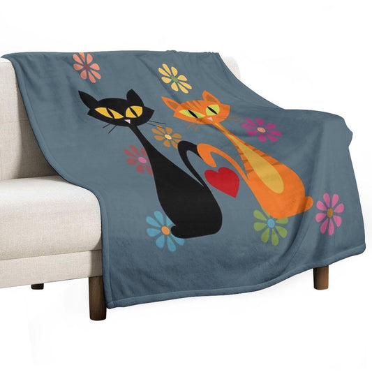 Mid Century Orange And Black Cats in Love Eco-conscious Throw Blanket