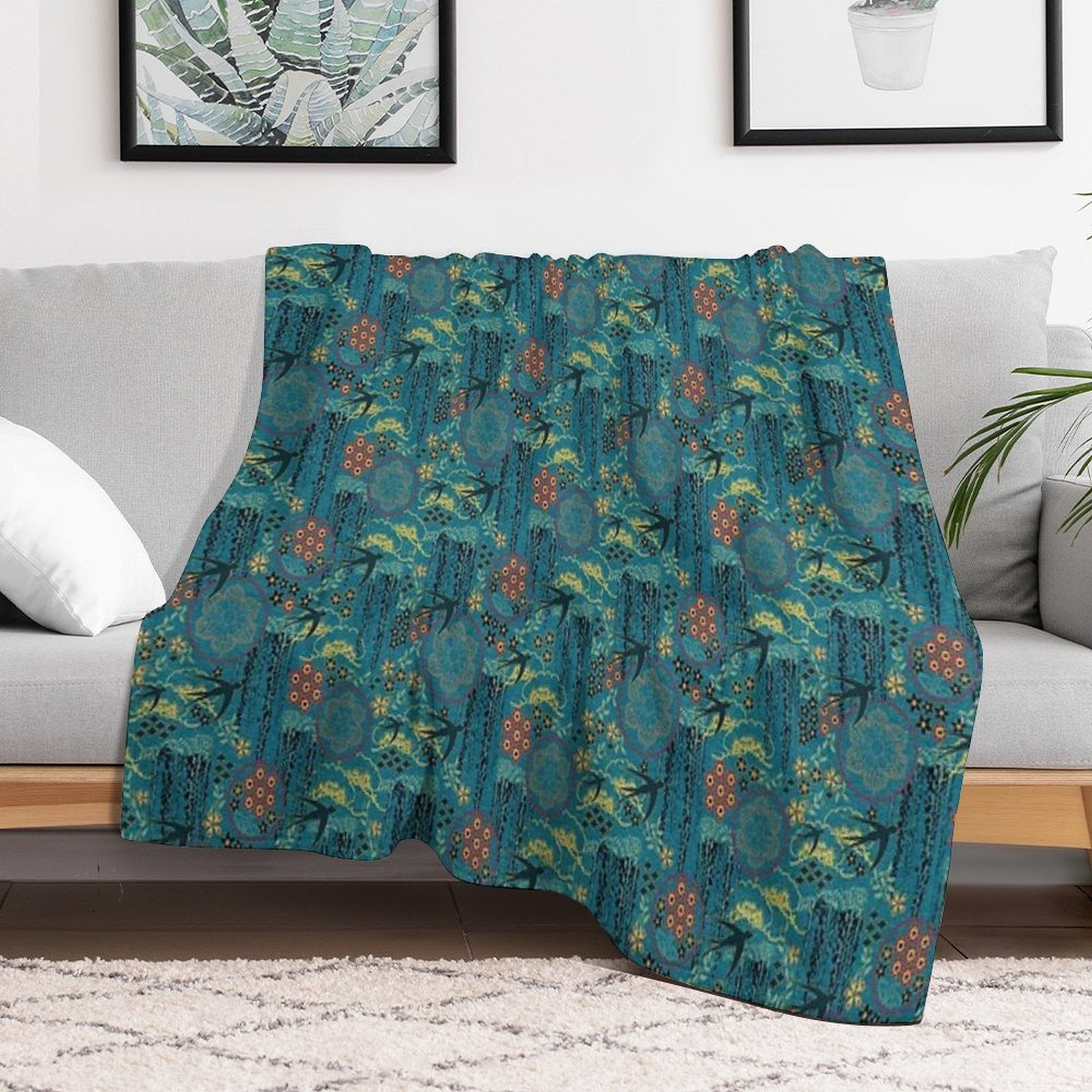 Japanese Garden in Teal Gold Red And Black Gift-ready Throw Blanket