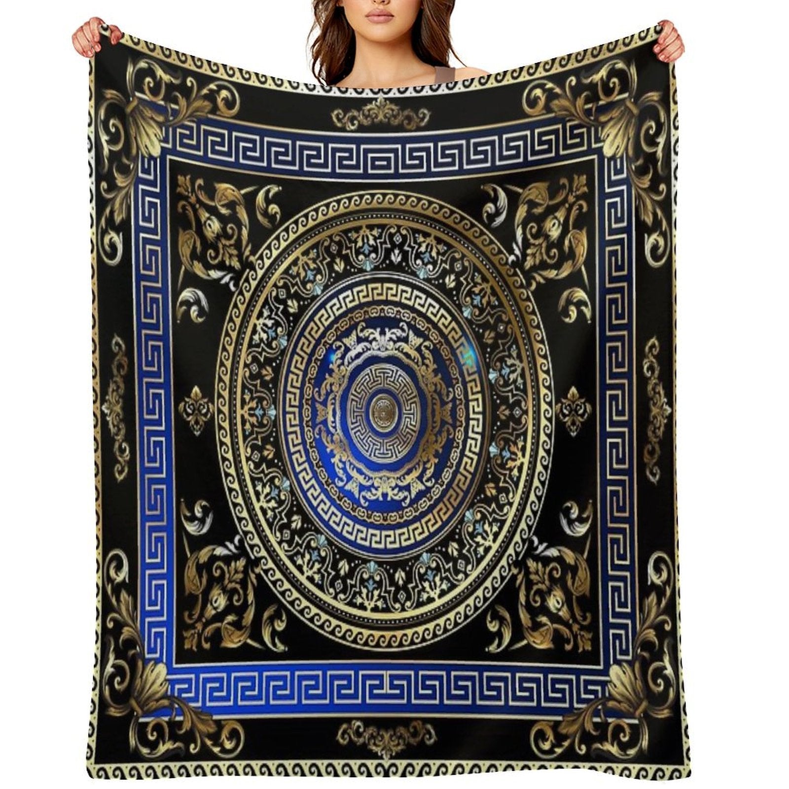 Greek Key Meander Black Blue Gold Ornate Medallion Easy Care Throw Blanket