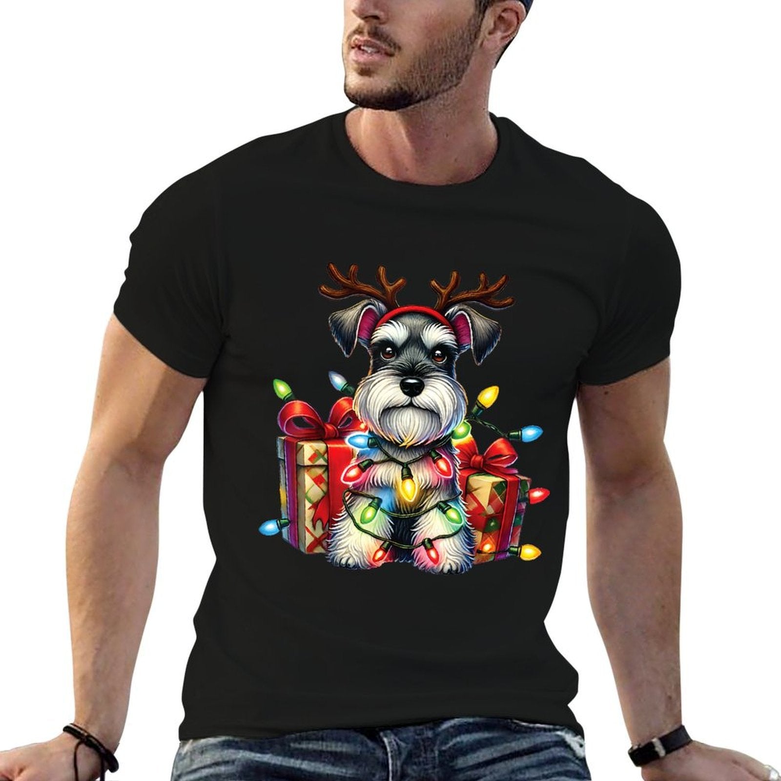 Miniature Schnauzer Dog Lovers Reindeer Christmas Lights  Summer-ready Fabric T-Shirt