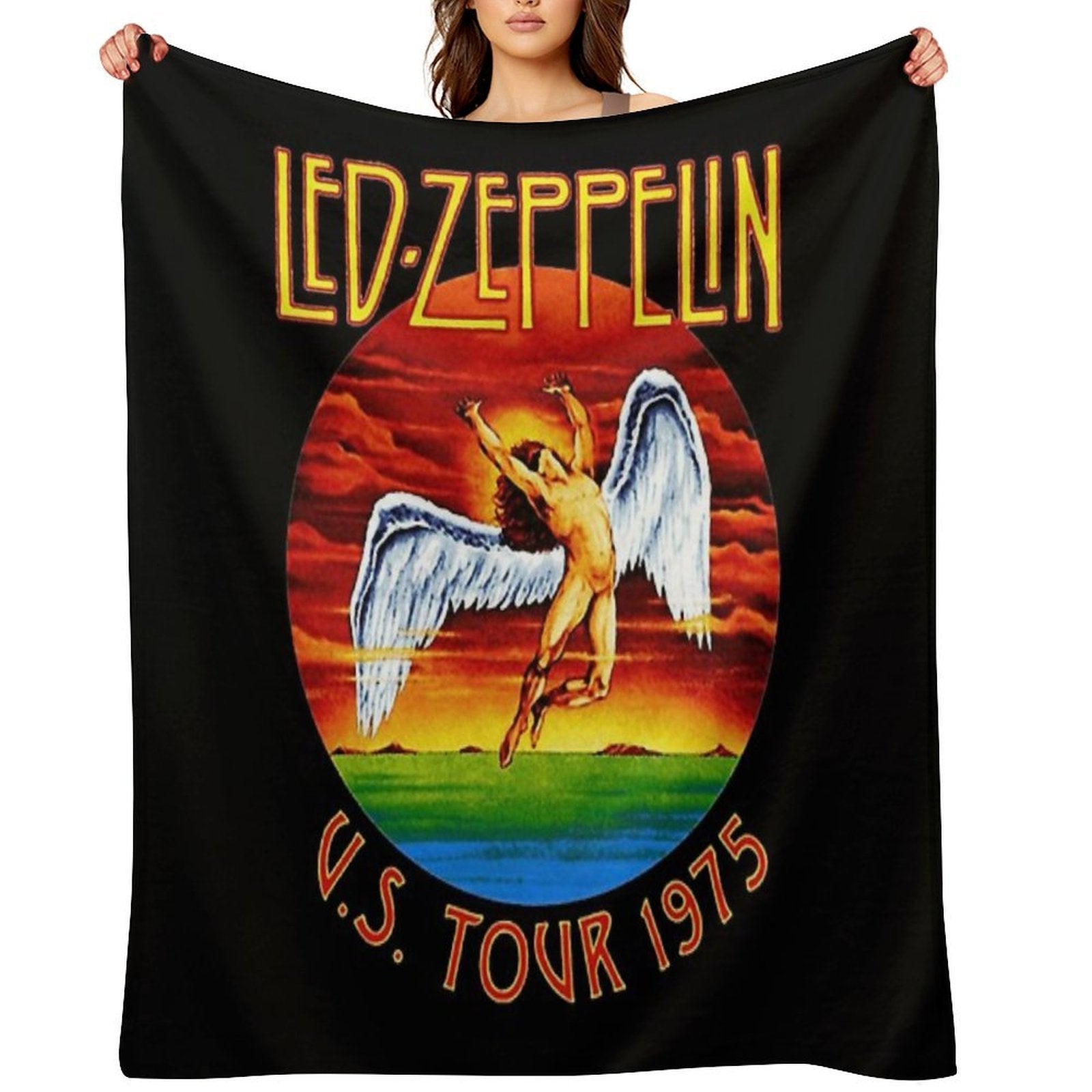 Led Vintage  US Tour 1975  Black Background Travel-friendly Throw Blanket