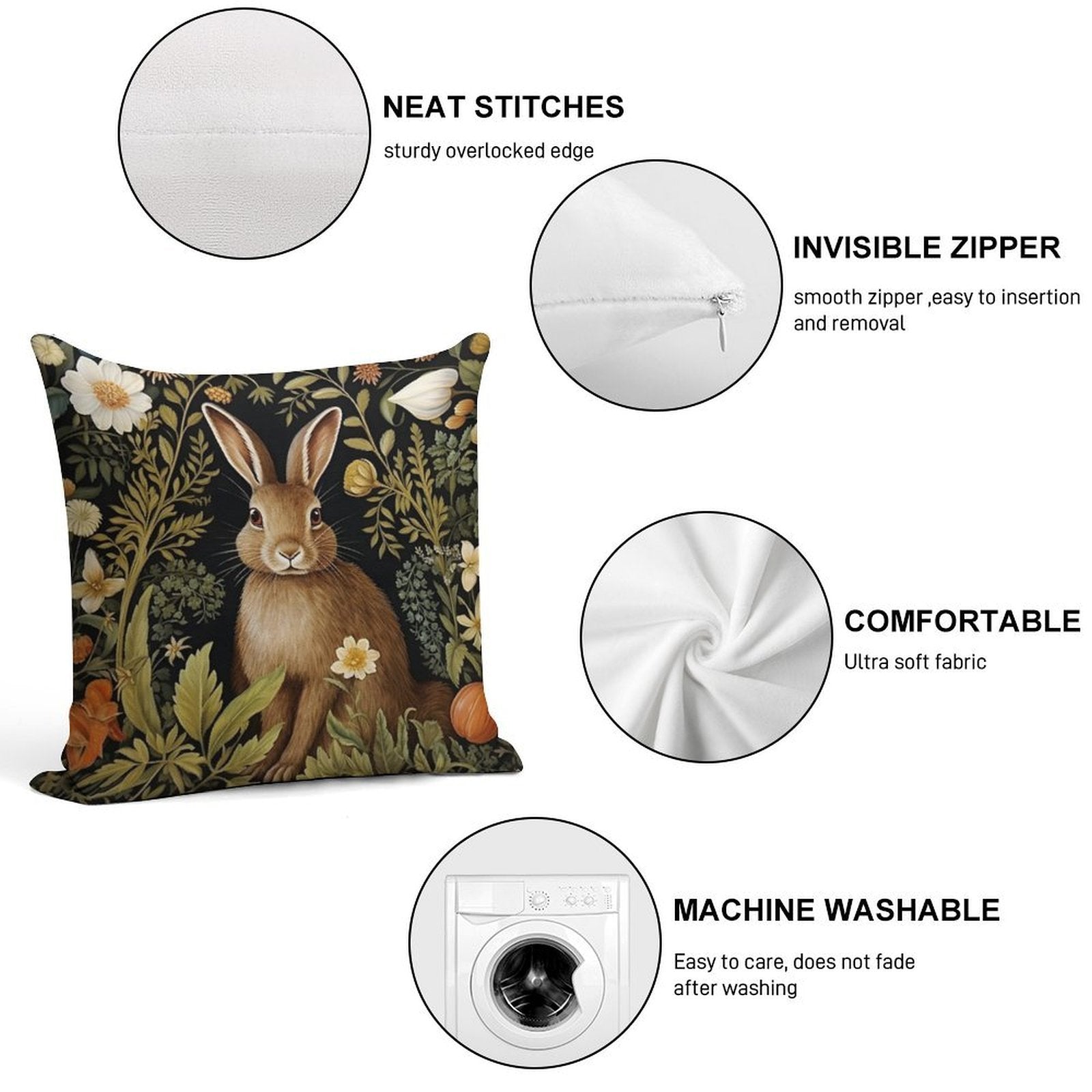 Vintage Rabbit William Morris Style Soft Short Plush Fabric Throw Pillow