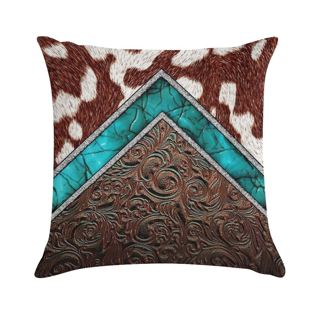Western Cowgirl Pattern Cowhide Turquoise And Tooled Leather Soft Skin-Friendly Throw Pillow