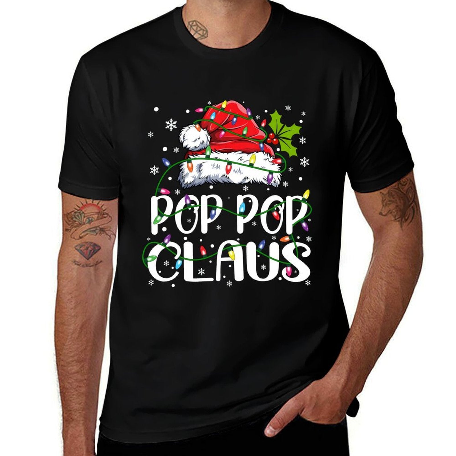 Pop Pop Claus Christmas Lights Pajama Family Matching  Cotton T-Shirt