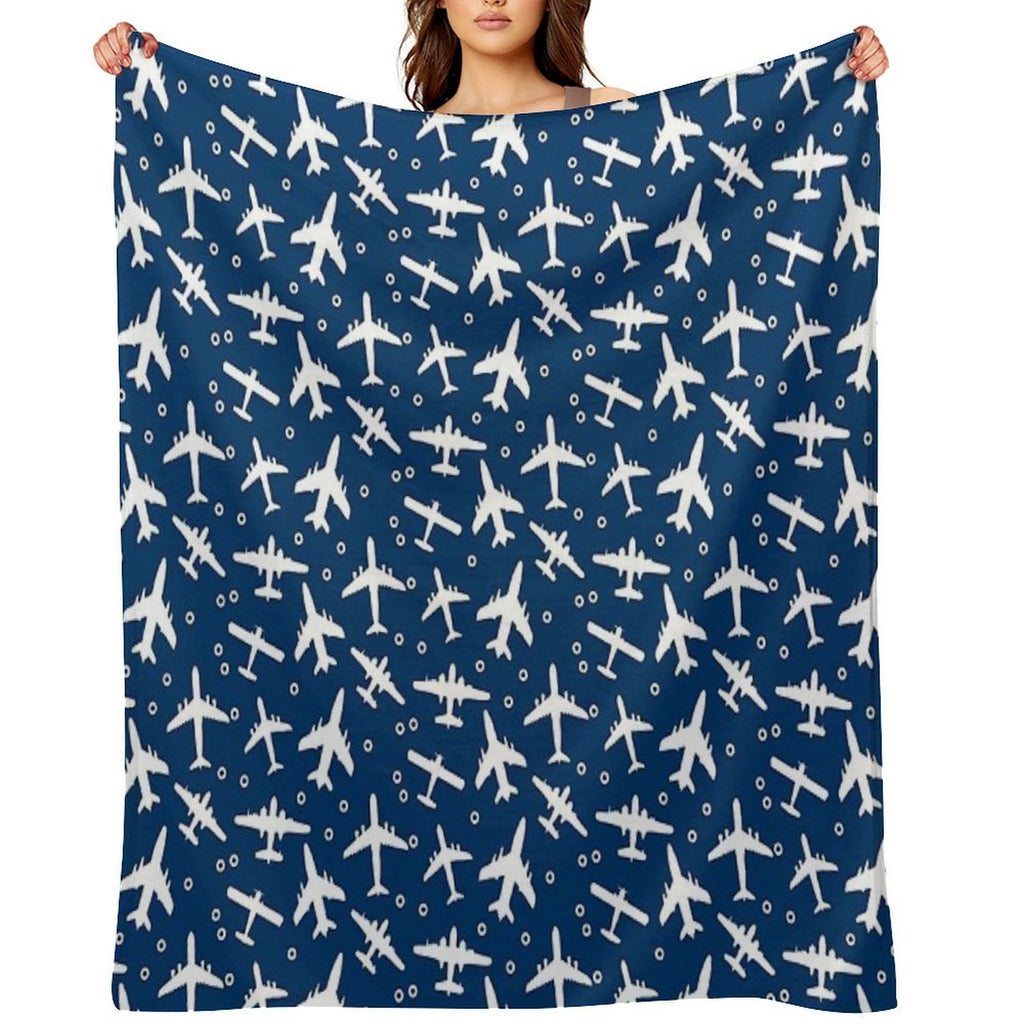 Blue And White Aeroplanes Silhouette Pattern Premium Throw Blanket